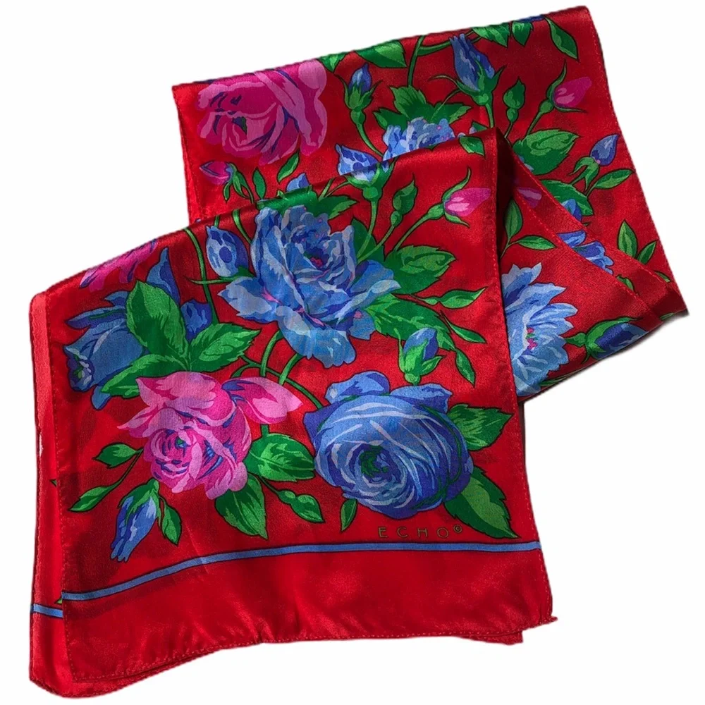 Vintage 100% Silk Red Floral Rose Scarf | ECHO